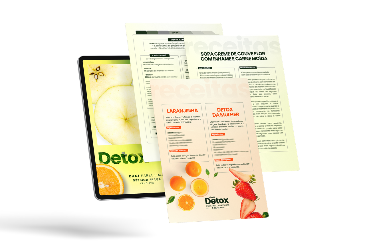 Mockup do Ebook Detox — páginas empilhadas com tablet