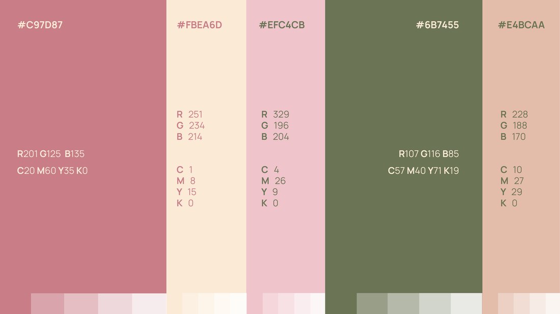 Paleta de cores apresentada com códigos hexadecimais e CMYK