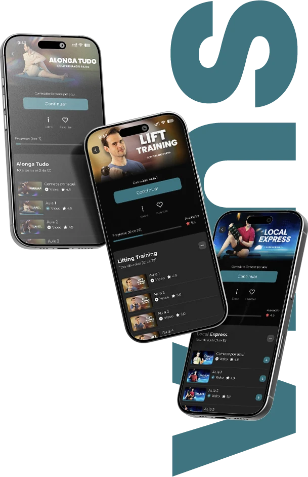 Telas do app VMS — cursos Alonga Tudo, Lift Training e Local Express